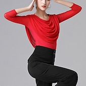 cheap Ballroom Dancewear-Ballroom Dance Activewear Top Ruffles Pure Color Splicing Women&#039;s Performance Training 3/4 Length Sleeve High Nylon