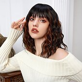 baratos Perucas Sintéticas sem Touca-Perucas de Cosplay Encaracolado Ondas Soltas Prumo Franja Lisa Com Franjas Peruca 14 polegadas Preto / Marron Cabelo Sintético Mulheres Elástico Adorável Confortável Marrom Escuro