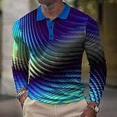 billiga Geometrisk pikétröja för män-Herr Våffelpikétröjor Golftröja Långärmad Polotröjor Skjortor med krage Business Casual Semesterkläder Högtidskläder Festivalkläder Knappar 3D-utskrift Sommar Blå