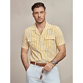 preiswerte Herren Elite Hemden-Herren Hemd leinenhemd Sommerhemd Strandhemd Hawaiihemd Sommerhemd Gestreift Urlaub Strasse Gelb Kurzarm Gefaltete Kragen Frühling Sommer Bekleidung Tasche