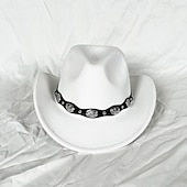 abordables Chapeaux de fête-chapeau de cowboy western blanc pour femmes et hommes, chapeau de cowboy bouclé avec fedora en cuir, chapeau de cavalier toca toca