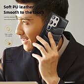 abordables Carcasas Samsung-teléfono Funda Para Samsung galaxia S24 Ultra Plus S23 Ultra Plus S22 Plus Ultra S25 Ultra Funda Trasera con Soporte Soporte de carga inalámbrica Ranura para tarjetas Retro TPU Cuero de PU