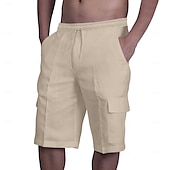 baratos Clássico-Homens Bermuda Cargo Calção Shorts de linho Shorts de verão Shorts de praia Com Cordão Cintura elástica Bolso multi Tecido Comprimento do joelho Praia Havaiana Casual Preto Branco Sem Elasticidade