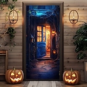 billige Halloween dørdeksler-halloween dørdekorasjoner halloween dørdeksler skummel dyster dør billedvev dør gardin dekorasjon bakteppe dør banner for inngangsdør gårdshus ferie fest innendørs utendørs dekor forsyninger