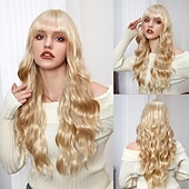 abordables Perruques Synthétiques Sans Bonnet-Perruque Synthétique Bouclé Ondulé Coupe Droite Avec Frange Fabriqué à la machine Perruque 26 pouces Blond Cheveux Synthétiques Femme Mignon Cosplay Soirée Blond