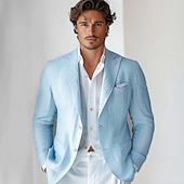 billige Herre Elite Yttertøy-Herre Blazer jakke Bryllup jubileum Fest Sommer Vår 100% Lin Lin Helfarge Enkelt Brystet Enn-knapp Blazer Navyblå Blå Beige