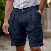 baratos Negócios-Homens Calção Shorts de linho Shorts sociais Shorts de verão Short plissado Bolsos Pregas Perna reta Tecido Conforto Respirável Comprimento do joelho Formal Trabalho Diário Moda Roupa de rua Preto