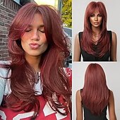 cheap Synthetic Trendy Wigs-Wigs for Women Highlight Wig with Bangs Layered Long Straight Natural Hair Synthetic Wig
