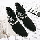 preiswerte Biker -Stiefel-Wildlederstiefeletten für Herren mit Riemen mit Totenkopf-Print und Kettendetail – stilvolles Western-inspiriertes Design für die Freizeit und Festivals