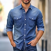 economico Camicie da uomo-Per uomo Camicia Camicia in chambray Camicia in calicò Maglietta informale Camicia con bottoni Camicia di jeans Blu denim Nero Blu marino Azzurro Manica lunga Liscio Colletto Da mare Giornaliero