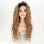 abordables Perruques Synthétiques Sans Bonnet-perruque longue bouclée ondulée pour femme marron avec reflets perruque bouclée cheveux ondulés lâches perruque synthétique sans colle résistante à la chaleur pour une utilisation quotidienne en