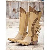 levne Cowboy &amp; Western Boots-dámské hnědé westernové kovbojské boty s třásněmi a cvočky, vintage boty ke kolenům pro rodeo a country outfit