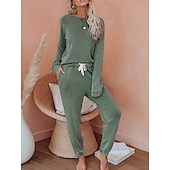 billiga Sovkläder till damer-pyjamasset för kvinnor ren färg mode grundläggande komfort hem daglig säng andas rund hals långärmad byxficka resår midja höst vinter hem outfits