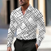 お買い得  メンズドレスシャツ-男性用 幾何学模様 ドレスシャツ ボタンアップシャツ 長袖 ビジネスカジュアル ビジネス 日常 秋 春夏 シャツカラー ボタンアップ 3Dプリント ブラック ホワイト ブルー パープル