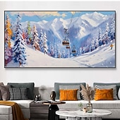 お買い得  風景画-ミンチュラ 手作り スキーリゾート 風景 油絵 キャンバス 壁アート 装飾 モダン 抽象画 家の装飾用 ロール フレームなし 未伸張 絵画