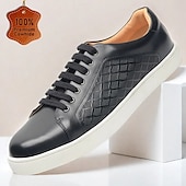 billige Førsteklasses joggesko i skinn-svarte skinnsneakers for menn med mesh-paneldesign - uformelle snøresko for hverdagsbruk
