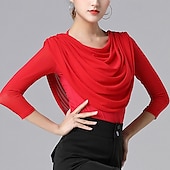 cheap Ballroom Dancewear-Ballroom Dance Activewear Top Ruffles Pure Color Splicing Women&#039;s Performance Training 3/4 Length Sleeve High Nylon