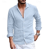 preiswerte Klassiker-Herren leinenhemd Sommerhemd Strandbekleidung Lässiges Hemd Knopfhemd Glatt Casual Täglich Schwarz Weiß Hellhimmelblau Grau Langarm Lagerkragen Frühling Sommer Bekleidung