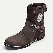 levne Pracovní boty-pánské boty na motorku steampunk s dvojitými přezkami a reliéfním designem lva - hnědé kotníkové boty z umělé kůže