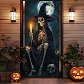 billige Halloween dørdeksler-halloween dørdekorasjoner skjelett halloween dørdeksler dørteppe dørgardindekorasjon bakteppe dørbanner til inngangsdør gårdshus ferie fest dekor forsyninger gresskar kråke
