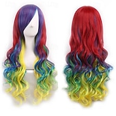 economico Parrucche di Carnevale-Parrucca ombre arcobaleno in capelli sintetici con frangia rossa gialla viola verde blu per donne nere Festa di Halloween Cosplay