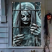 tanie halloweenowe gobeliny ścienne-dekoracje okienne na Halloween, tkanina czarownice przerażająca zasłona na Halloween plakat z horroru dekoracja okienna na drzwi do nawiedzonego domu, straszne naklejki na okna na Halloween wewnątrz