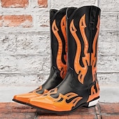 cheap Cowboy &amp; Western Boots-Men&#039;s Black and Orange Mid-Calf Western Cowboy Boots - Bold Flame Design with High-Gloss Finish for Rodeo and Fashion Wear