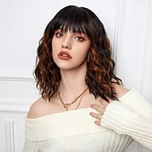 baratos Perucas Sintéticas sem Touca-Perucas de Cosplay Encaracolado Ondas Soltas Prumo Franja Lisa Com Franjas Peruca 14 polegadas Preto / Marron Cabelo Sintético Mulheres Elástico Adorável Confortável Marrom Escuro