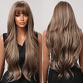 economico Parrucche trendy sintetiche-parrucche per donne nere parrucche lunghe e ondulate con frangia parrucca sintetica parrucche di ricambio per capelli