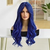 economico Parrucche trendy sintetiche-Parrucche sintetiche Ondulato Ricciolo gonfiabile Parte di mezzo Parrucca 28 pollici Blu Reale Capelli sintetici Per donna Riga al centro Fantastico Adorabile Blu