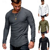 cheap Basic T shirts-Men&#039;s T Shirt Tee Tee Top Long Sleeve Shirt Long Sleeve Crew Neck Spring &amp;  Fall Plain Slim Pleated Fashion Designer Basic Patchwork Vacation Street Going out Black White Army Green Top Tee for Men
