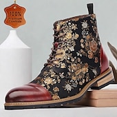 cheap Premium Leather Boots-Men&#039;s Jacquard Fabric and Leather Ankle Boots - Floral Pattern Lace-Up Design for Vintage-Inspired Fashion