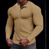 tanie Casualowa koszulka Henley-100% bawełniana męska koszulka henley koszulka z długim rękawem koszula z długim rękawem jednolity kolor modny codzienny guziki henley outdoor casual lato ciemnobrązowy wojskowa zieleń ciemnoszary henley t-shirt