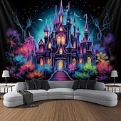 cheap Halloween Wall Tapestries-Halloween Blacklight Tapestry Haunted Castle UV Reactive Glow in the Dark Glow Party Trippy Misty Haunted House Hanging Tapestry Wall Art Mural for Living Room Bedroom