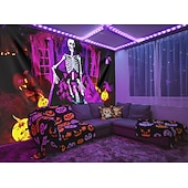 cheap Halloween Wall Tapestries-Halloween Decorations Skeleton Blacklight Tapestry UV Reactive Glow in the Dark Glow Party Trippy Misty Pumpkin Lights Hanging Tapestry Wall Art Mural for Living Room Bedroom