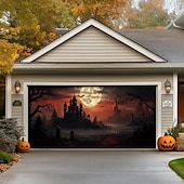 tanie Halloween pokrycie drzwi garażowych-dekoracje drzwi halloweenowych na zewnątrz halloweenowy baner na drzwi garażowe jack o lantern duży gobelin dekoracja tła na święta zewnętrzne drzwi garażowe dekoracje ścienne domu