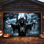 tanie Dekoracja Halloween-dekoracje drzwi halloweenowych na zewnątrz halloweenowa osłona drzwi garażowych baner jack o lantern dynia szkielet śmierć na zewnątrz duże tło dekoracja na święta zewnętrzne drzwi garażowe dekoracje