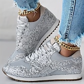 billige Sneakers til kvinner-kvinners sølvglitter joggesko mesh snøring med komfortabel såle