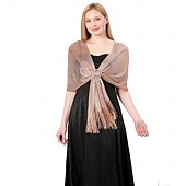 cheap Wedding Guest Wraps-Gold And Silver Silk Shawl With Buckle, Bride And Bridesmaid Group, Dance Party, Wedding Dress, Evening Gown, Shawl For Women