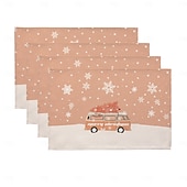 abordables Figuras coleccionables-Juego de 4 manteles individuales navideños de algodón y lino para mesa de Navidad de temporada de invierno con muñeco de nieve &amp;Diseño de reno para decoración de interiores y exteriores, para fiestas,