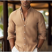 preiswerte Urlaub-Herren Hemd Leinenhemd Sommerhemd Strandbekleidung Knopfhemd Einfach Urlaub Kreuzfahrt Weiß Rosa Blau Orange Langarm Revers Frühling &amp; Sommer Bekleidung