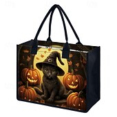 tanie Torby-torba typu tote z motywem Halloween z czarnym kotem i motywem dyni - duża pojemność, wielokrotnego użytku torba na zakupy dla kobiet