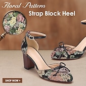economico Block Heels-scarpe col tacco a blocco con cinturino alla caviglia e motivo floreale da donna con dettaglio fiocco, perfette per le occasioni di ispirazione vintage