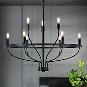 abordables Lustres style bougie-Lustre à LED suspendu 6/9/12 lumières industriel vintage grand lustre rond rustique à bougie pour salon chambre 110-240v