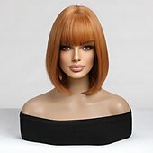 baratos Perucas Sintéticas sem Touca-Perucas de Cosplay Ondas Soltas Prumo Franja Lisa Com Franjas Peruca 14 polegadas Cabelo Sintético Mulheres Elástico Adorável Confortável Laranja