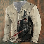 cheap Ghost&amp;Skull-Men&#039;s Knights Templar Christian T shirt Henley Shirt Long Sleeve 3D Print Designer Retro Vintage Street Casual Daily Summer Spring Fall Khaki Henley Henley T-Shirt