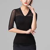 cheap Tops &amp; Sets-Latin Dance Top Pure Color Splicing Tulle Women&#039;s Performance Training Half Sleeve High Polyester
