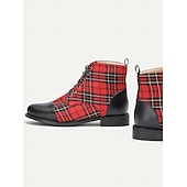 cheap Combat Boots-Women&#039;s Tartan Plaid Combat Boots with Black Leather Toe Cap - Stylish Lace-Up Ankle Boots for Casual Wear and Festive Occasions