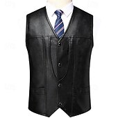 Men's Faux Leather Jacket Vest Gilet Wedding Event / Party Daily Fashion Business Spring & Summer Button Pocket Polyester Comfortable Plaid Single Breasted One-button V Neck Regular Fit Black Vest3