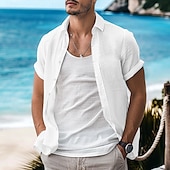 cheap Vacation-Men&#039;s Shirt Linen Shirt Summer Shirt Casual Shirt Beach Shirt Button Down Shirt Plain Vacation Curise Black White Light Green Pink Short Sleeve Lapel Summer Clothing Apparel